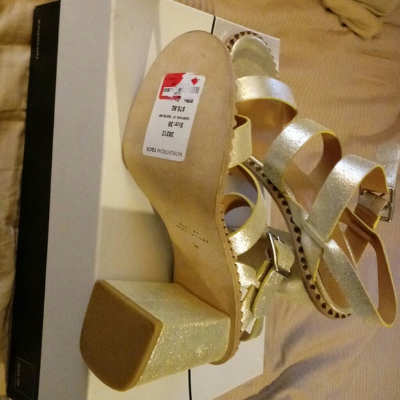 Gold Block Heeled Sandals - Picture 3 of 4